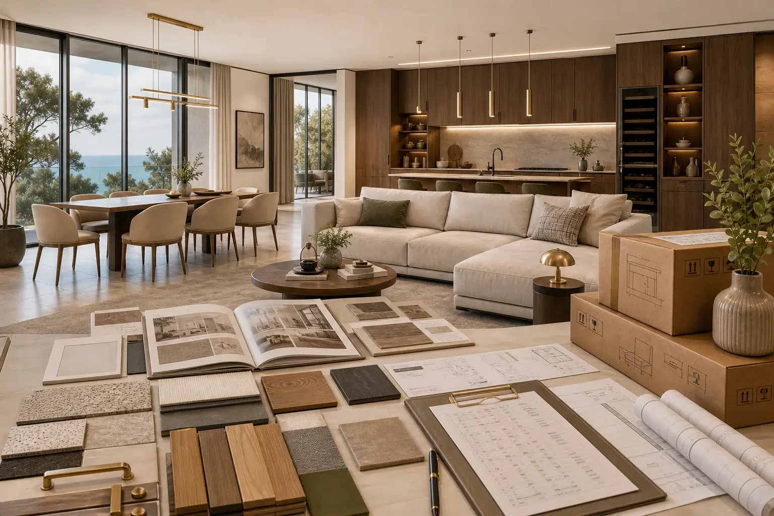 Foshan furniture package interior with custom cabinetry sofa dining and material samples